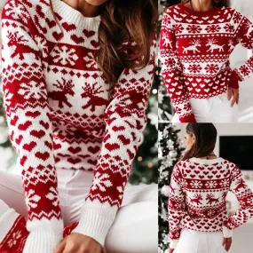 Fashion Snowflake Acrylic Round Neck Long Sleeve Regular Sleeve Patchwork Sweater