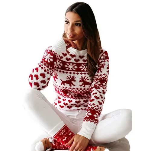 Fashion Snowflake Acrylic Round Neck Long Sleeve Regular Sleeve Patchwork Sweater