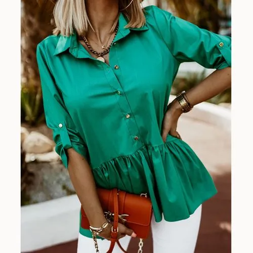 Fashion Solid Color Polyester Shirt Collar Long Sleeve Regular Sleeve Patchwork Blouse