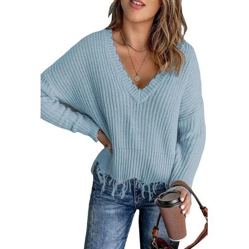 Fashion Solid Color Polyester V Neck Long Sleeve Regular Sleeve Tassel Sweater