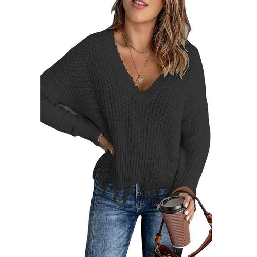 Fashion Solid Color Polyester V Neck Long Sleeve Regular Sleeve Tassel Sweater