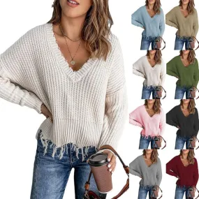 Fashion Solid Color Polyester V Neck Long Sleeve Regular Sleeve Tassel Sweater