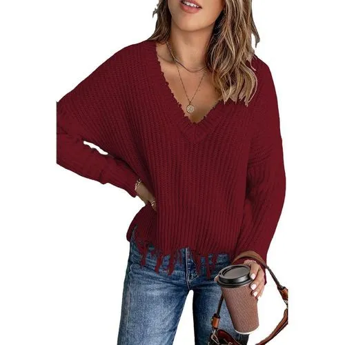 Fashion Solid Color Polyester V Neck Long Sleeve Regular Sleeve Tassel Sweater