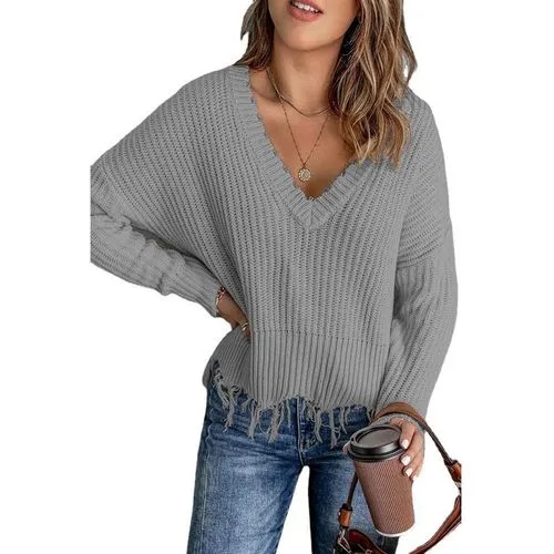 Fashion Solid Color Polyester V Neck Long Sleeve Regular Sleeve Tassel Sweater