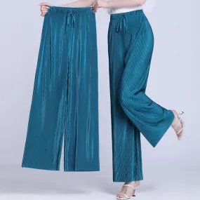 Fashion Solid Pleated Chiffon Wide Leg Pants Female