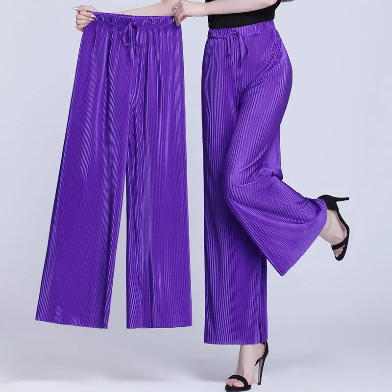 Fashion Solid Pleated Chiffon Wide Leg Pants Female