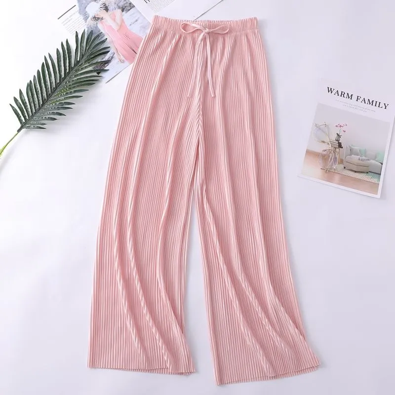 Fashion Solid Pleated Chiffon Wide Leg Pants Female