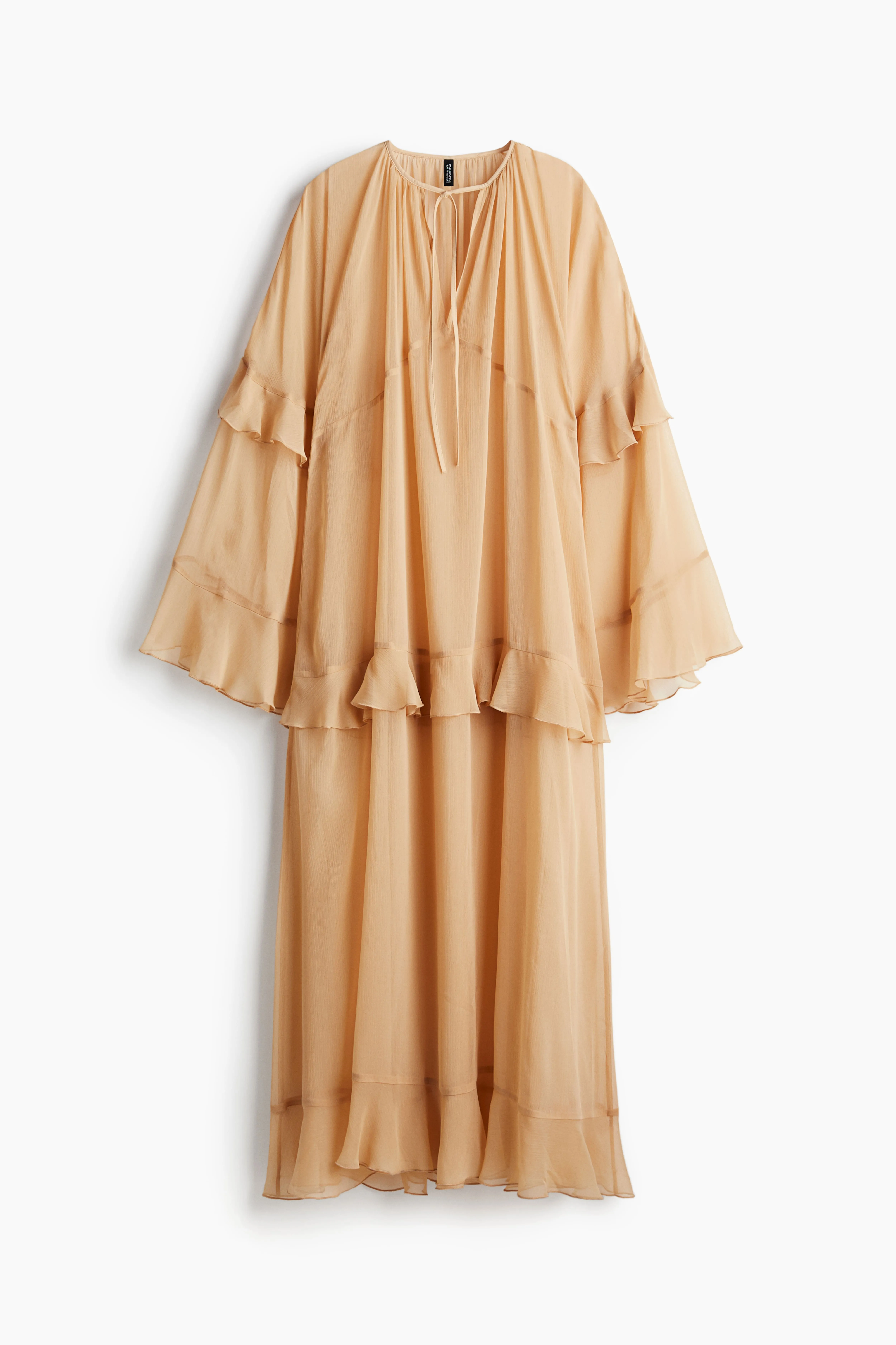 Flounced chiffon dress - Round neck - Long sleeve - Beige - Ladies | H&M GB