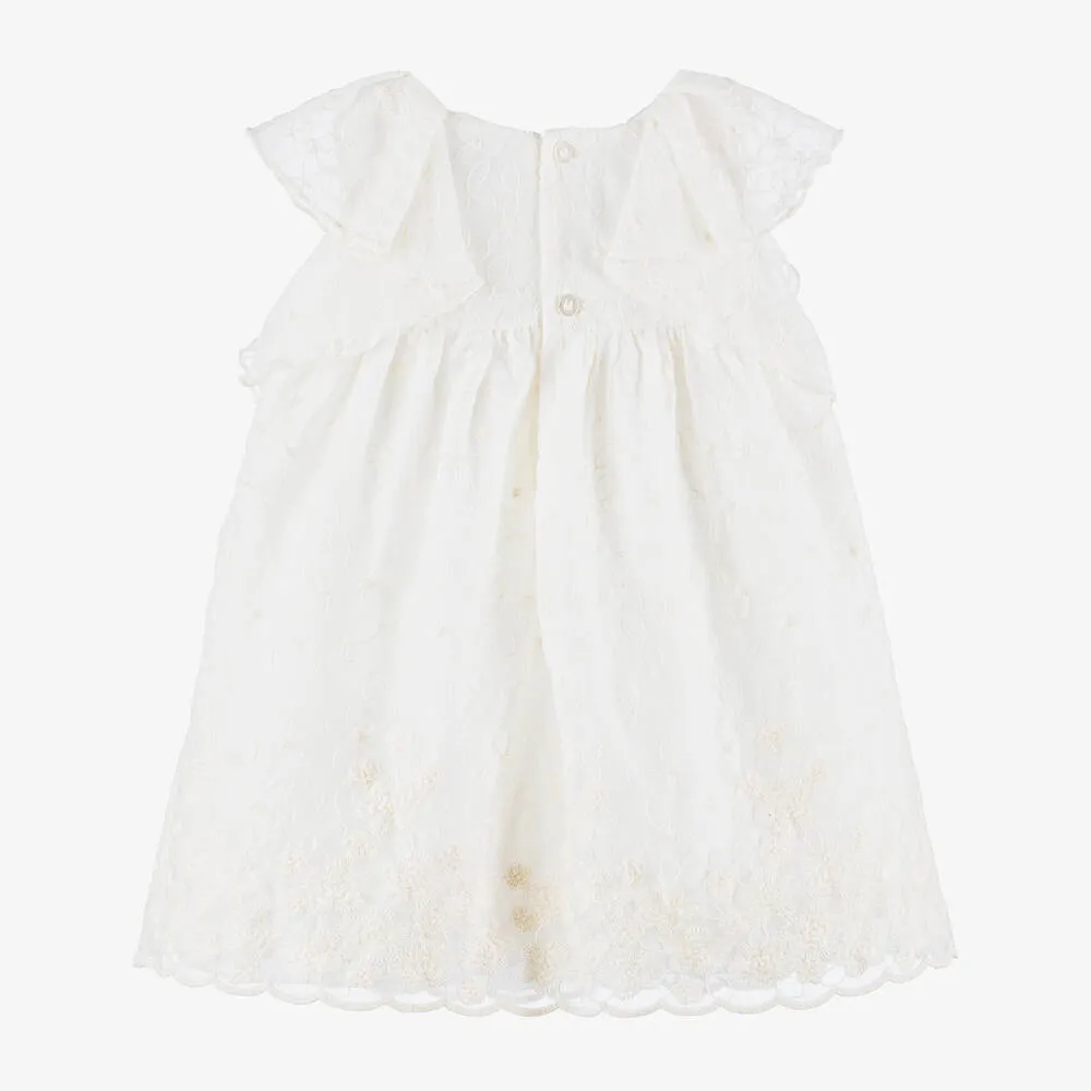 Girls Ivory Embroidered Floral Chiffon Dress