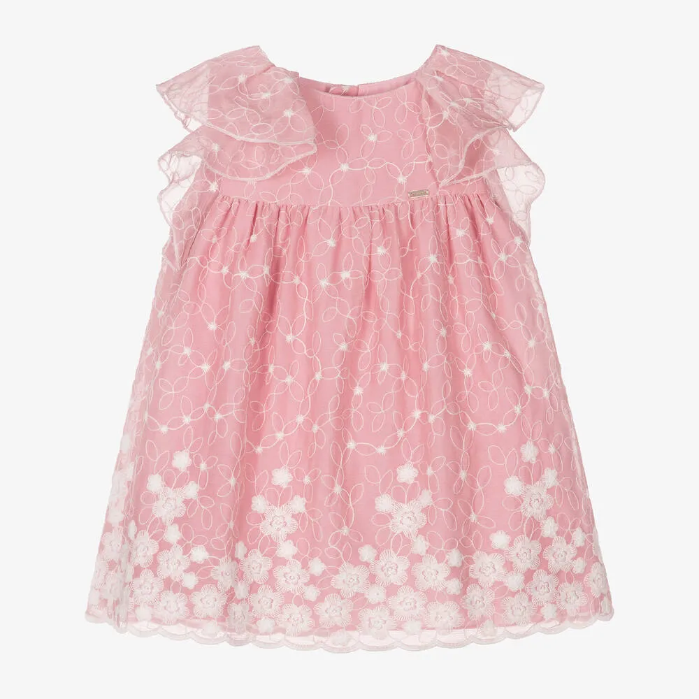 Girls Pink Embroidered Floral Chiffon Dress