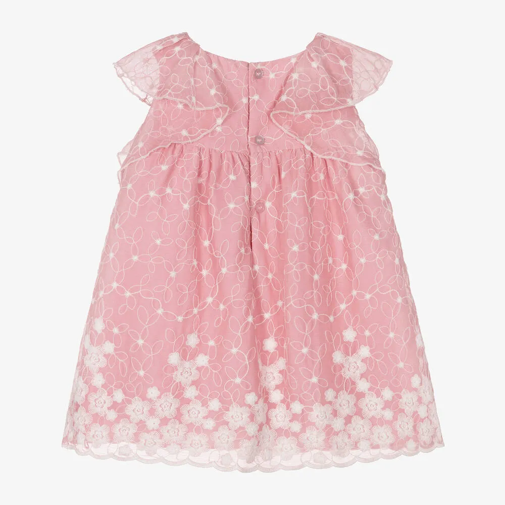 Girls Pink Embroidered Floral Chiffon Dress