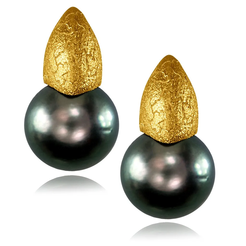 Gold Earrings with Tahitian Grey Pearls