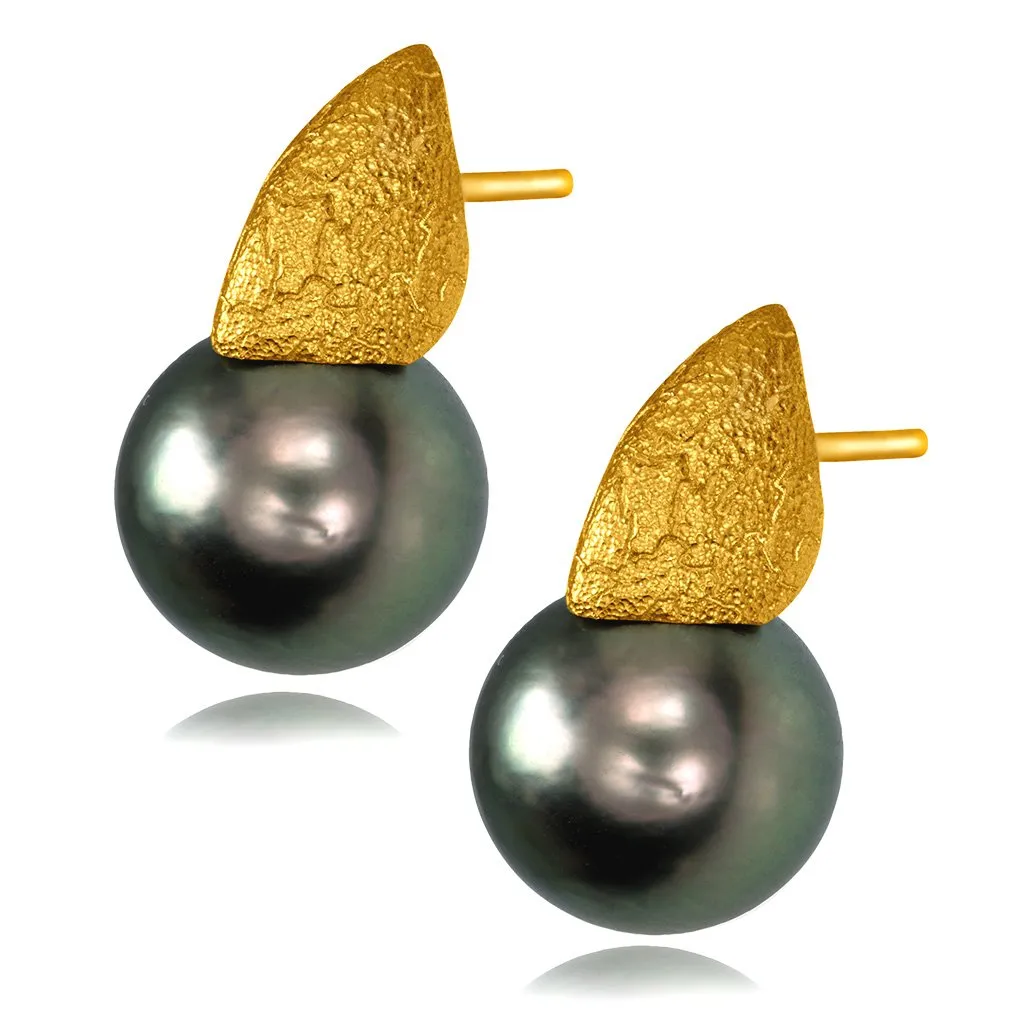 Gold Earrings with Tahitian Grey Pearls