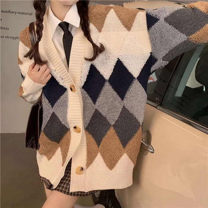 Grandma Aesthetic Argyle Cardigan