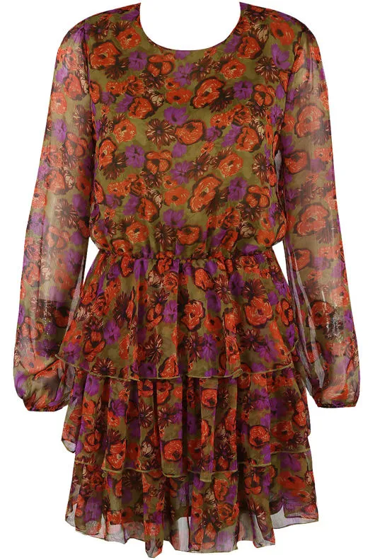 Khaki Floral Chiffon Tier Hem Skater Dress