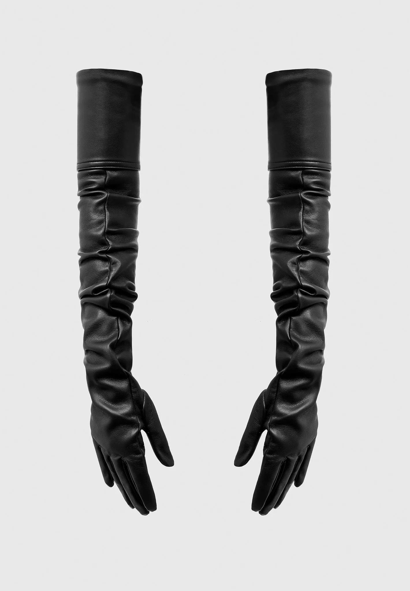 Leather Ruched Long Gloves - Black