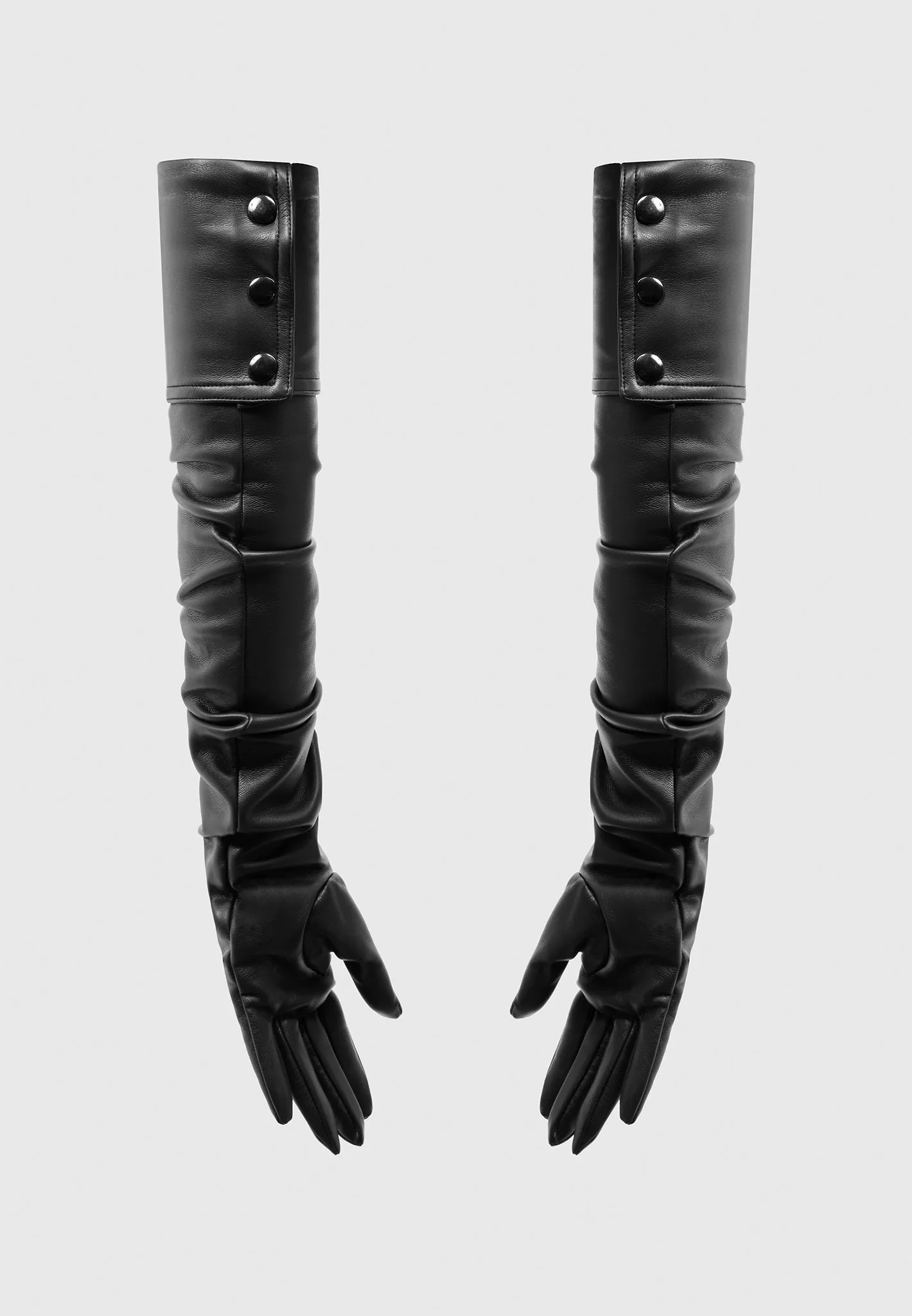 Leather Ruched Long Gloves - Black