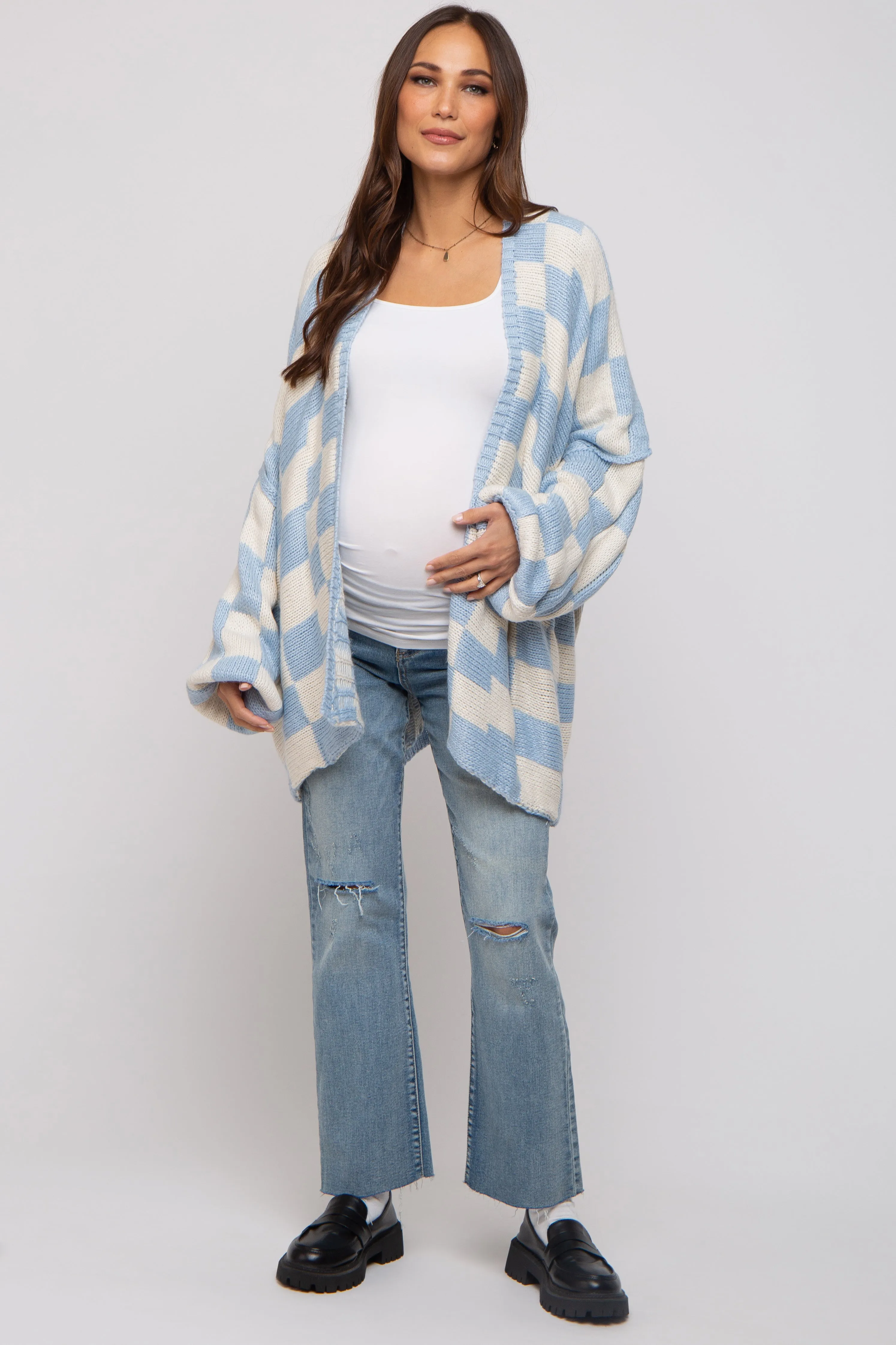 Light Blue Checkered Print Oversized Maternity Cardigan