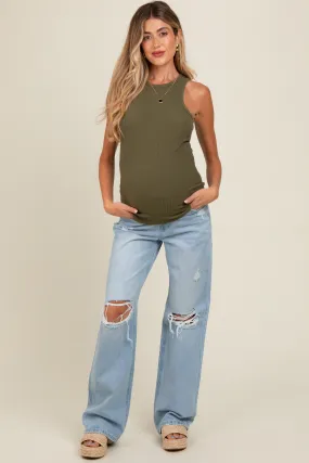 Light Blue Distressed Open Knee Flare Maternity Jeans