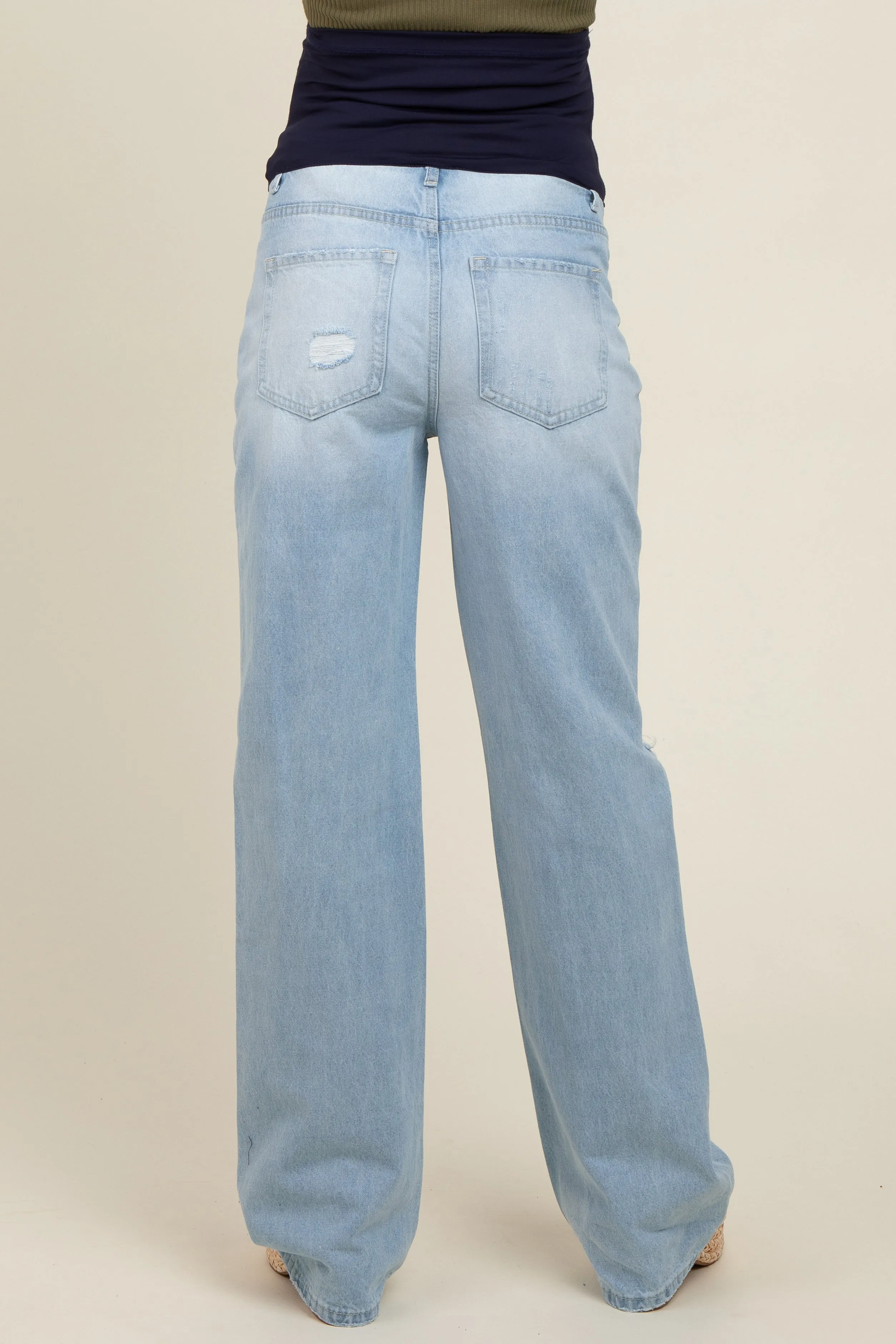 Light Blue Distressed Open Knee Flare Maternity Jeans