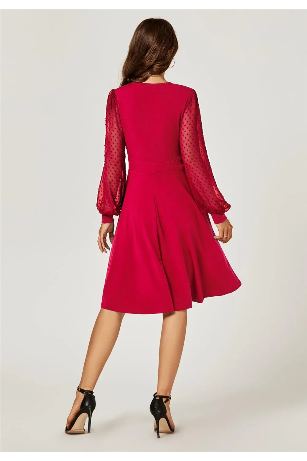 Long Chiffon Sleeve Pleated Midi Dress In Wine