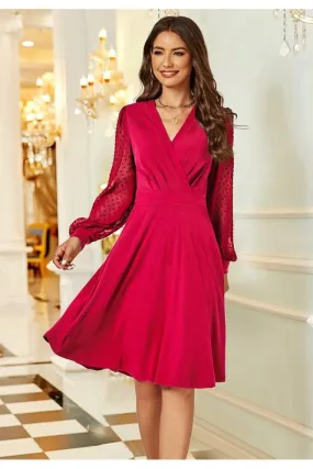 Long Chiffon Sleeve Pleated Midi Dress In Wine