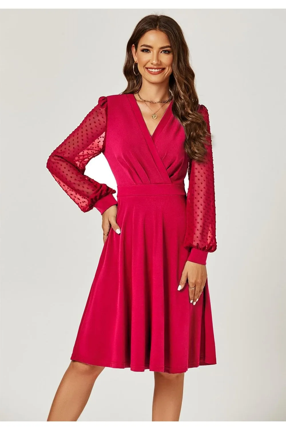 Long Chiffon Sleeve Pleated Midi Dress In Wine