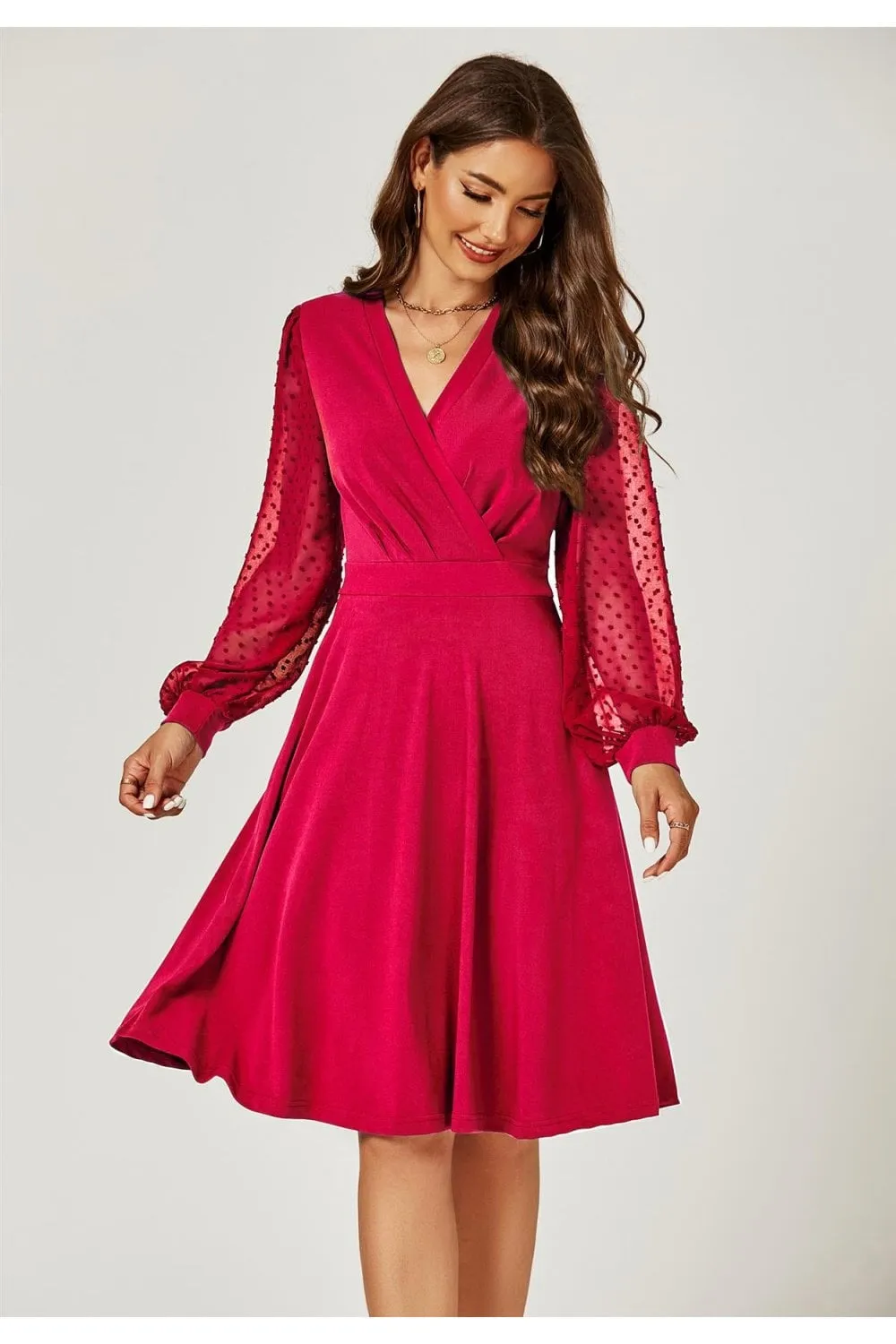 Long Chiffon Sleeve Pleated Midi Dress In Wine