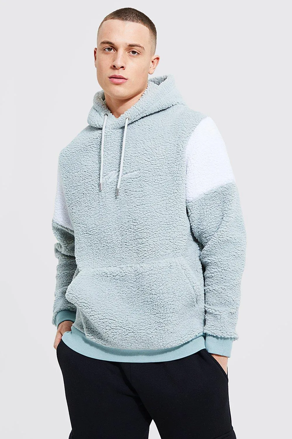 Man Signature Borg Colour Block Hoodie | boohooMAN UK