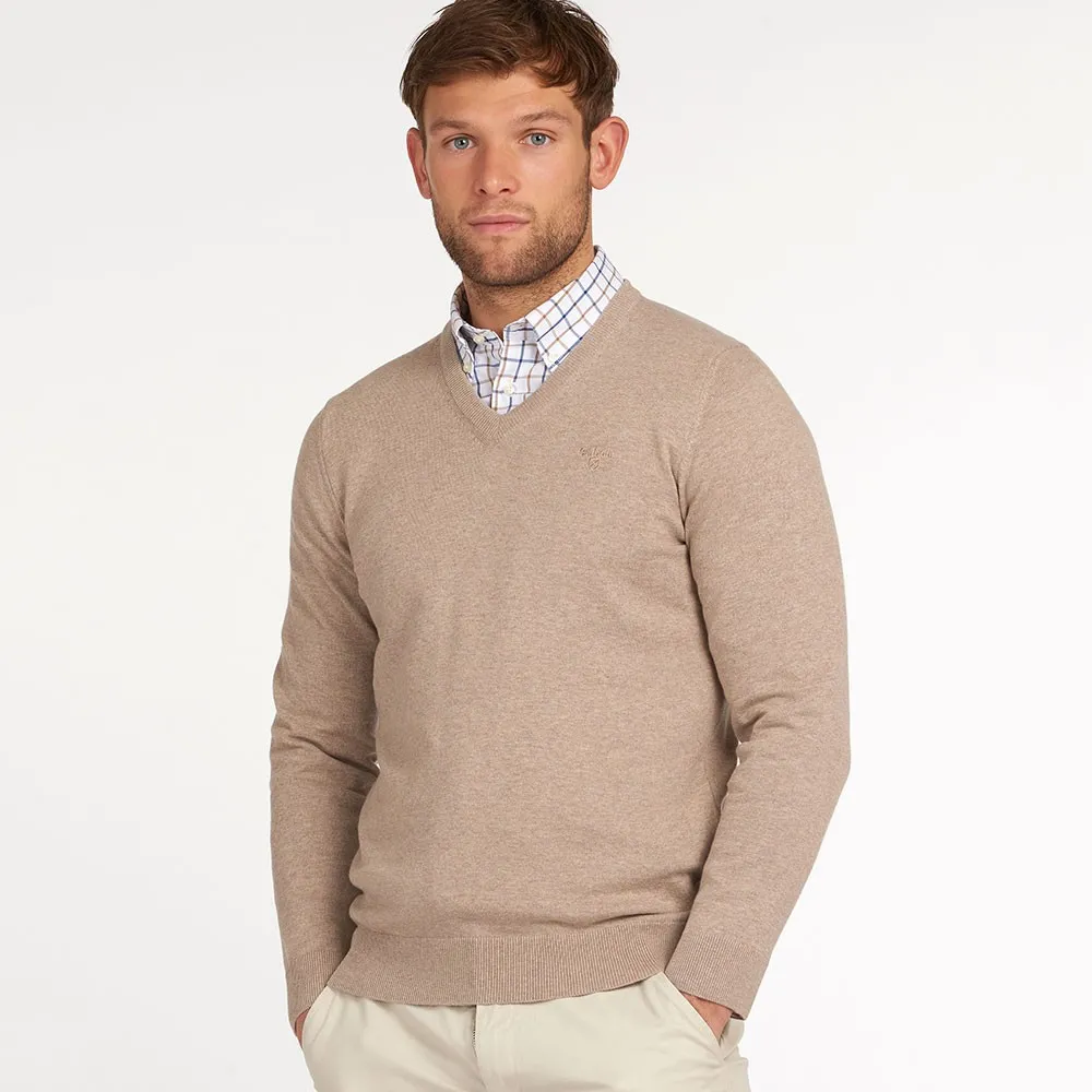 Mens Beige Pima Cotton V Neck Jumper