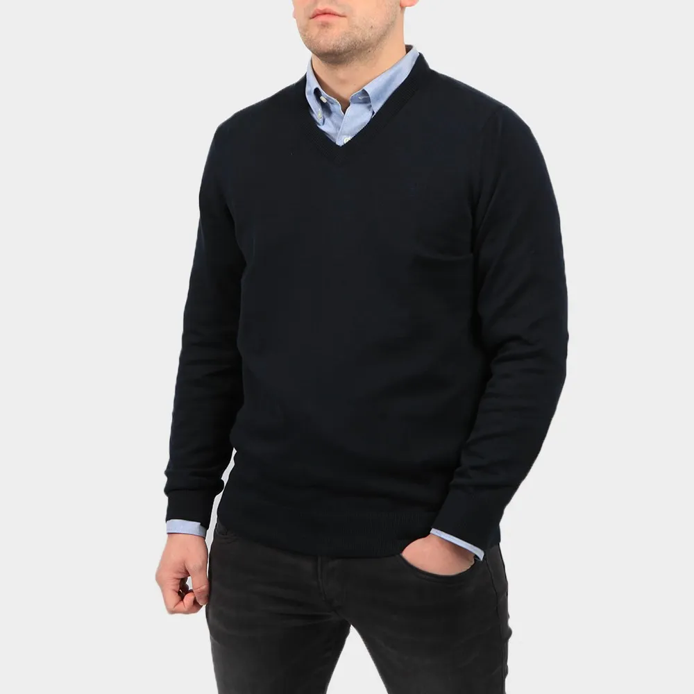 Mens Blue Pima Cotton V Neck Jumper