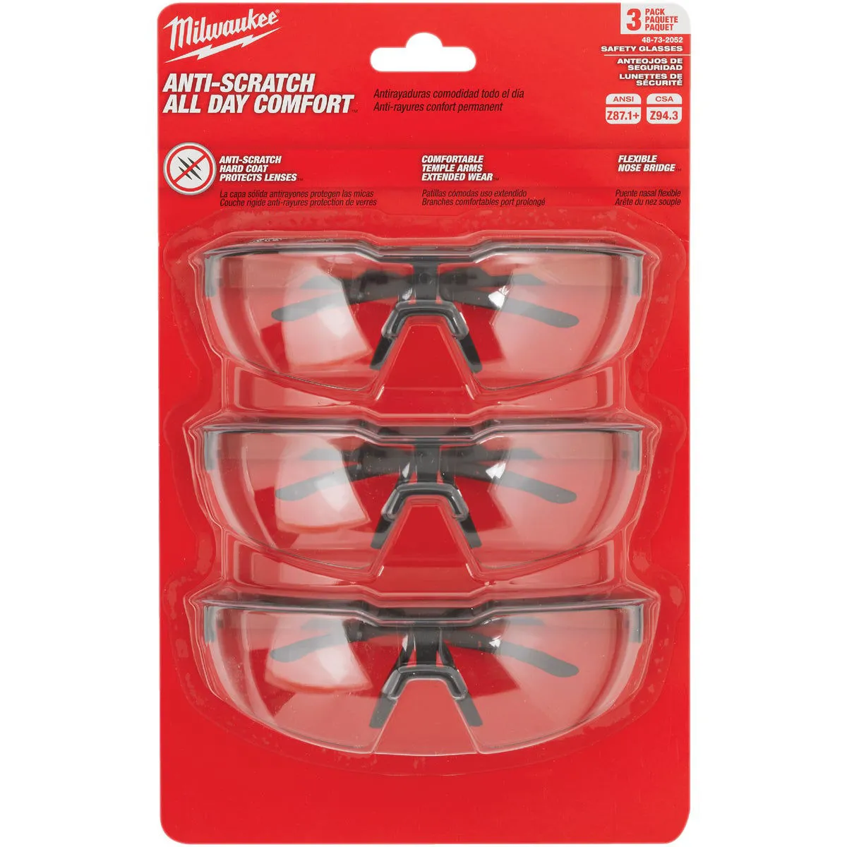 Milwaukee Milwaukee Red & Black Frame Safety Glasses with Clear Anti-Scratch Lenses (3-Pack)