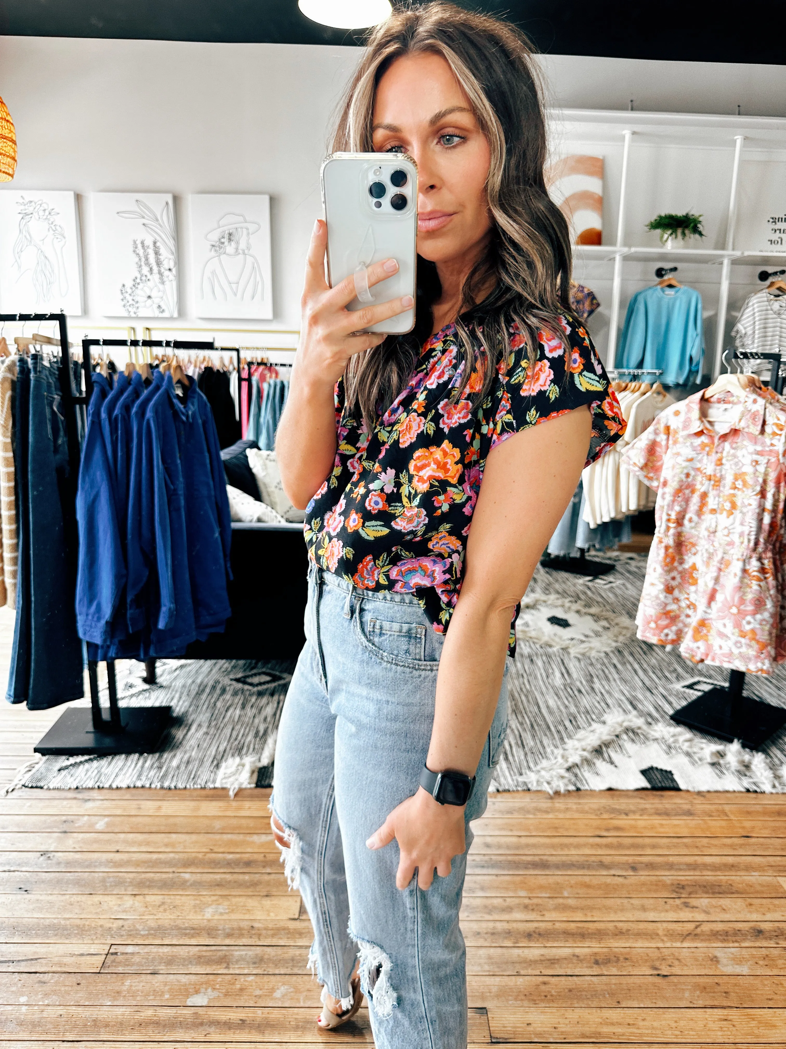 Multi Floral Black Top