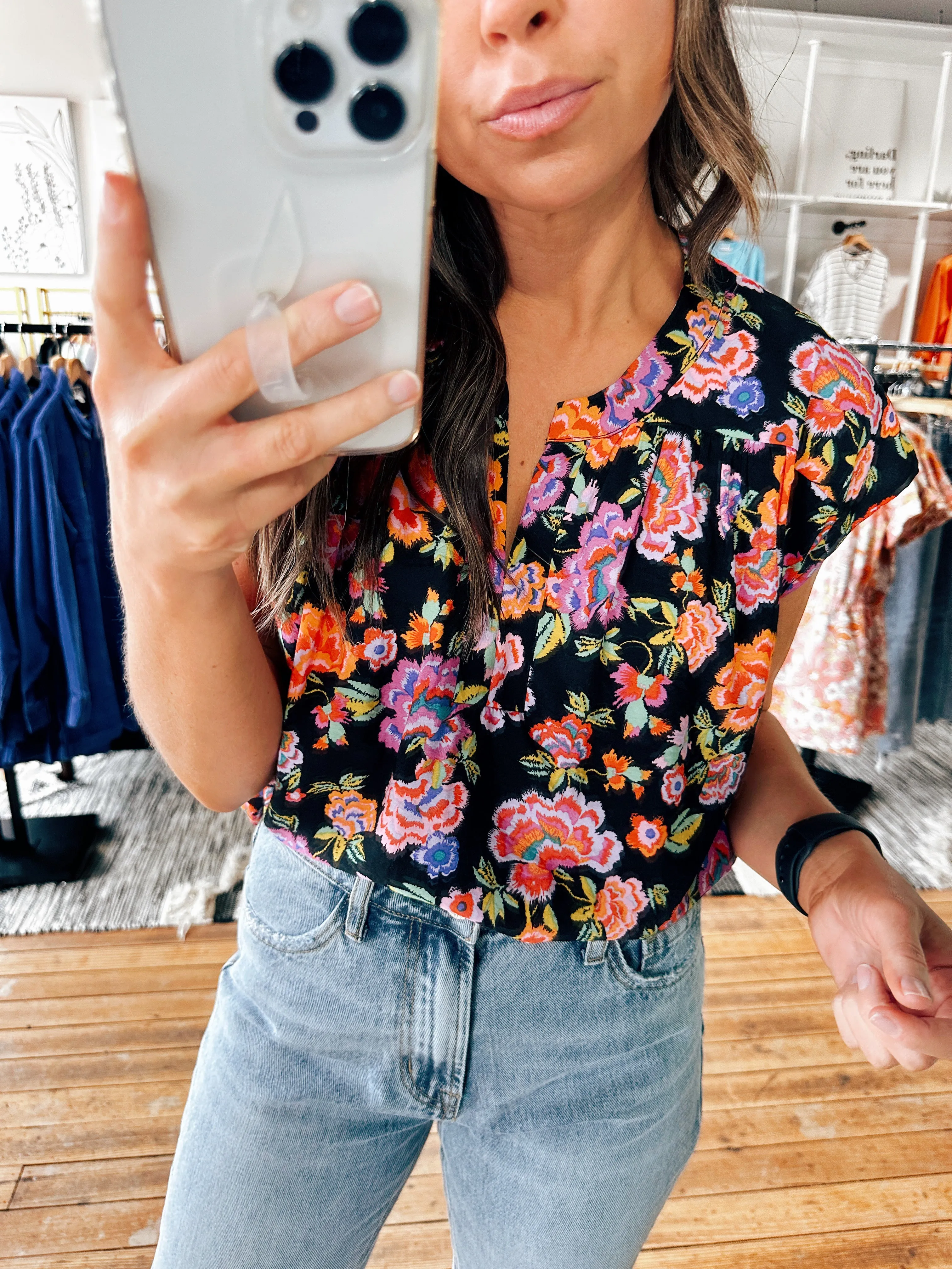 Multi Floral Black Top