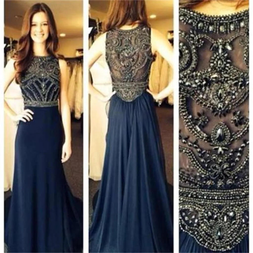 Navy Chiffon Long Formal Dress with Delicated Beaded Top