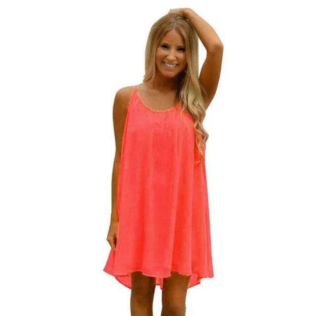 New Loose Dresses Women Spaghetti Strap Back Howllow Out  Chiffon Beach Short Mini Dress Ladies Robe Femme #63 SM6