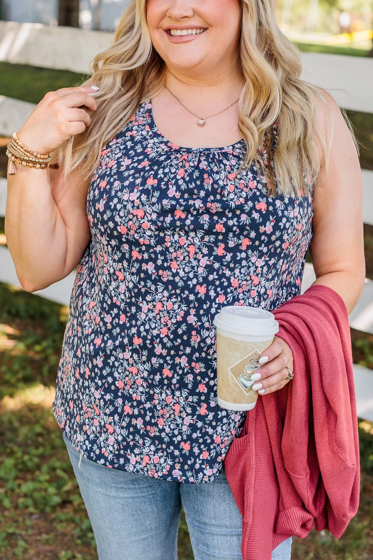 One With Myself Pleated Tank- Navy