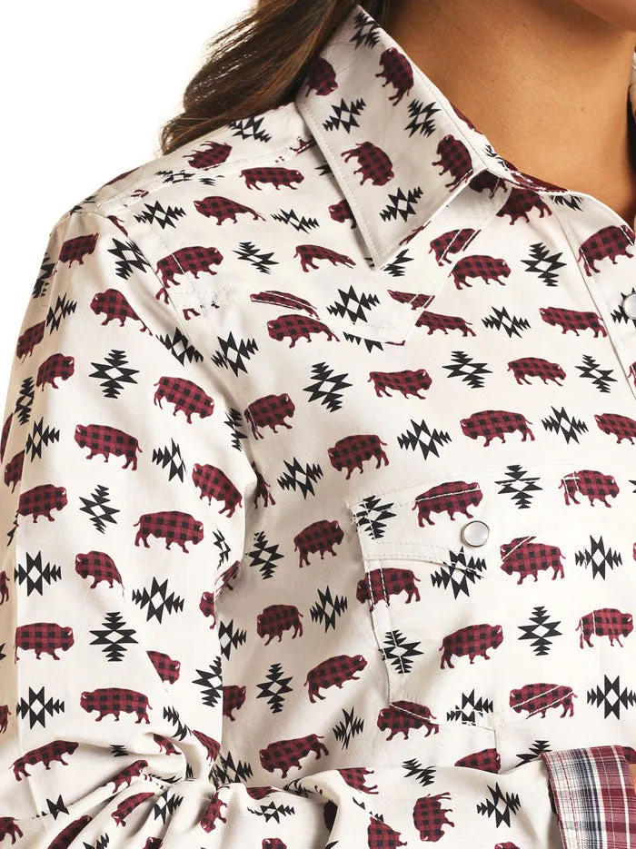 Panhandle R4S2510 Womens Long Sleeve Aztec Buffalo Print Snap Shirt Natural