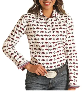 Panhandle R4S2510 Womens Long Sleeve Aztec Buffalo Print Snap Shirt Natural