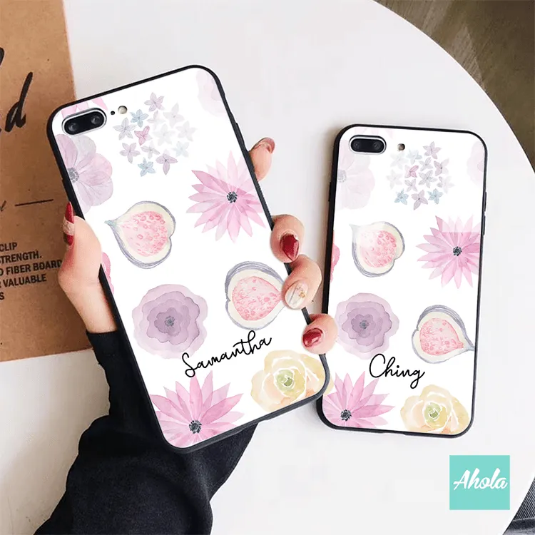 【Pansy Floral】Black bumper tempered glass phone Case 紫色花卉全包邊玻璃名字電話殼