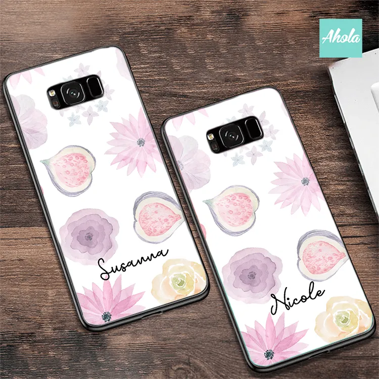 【Pansy Floral】Black bumper tempered glass phone Case 紫色花卉全包邊玻璃名字電話殼