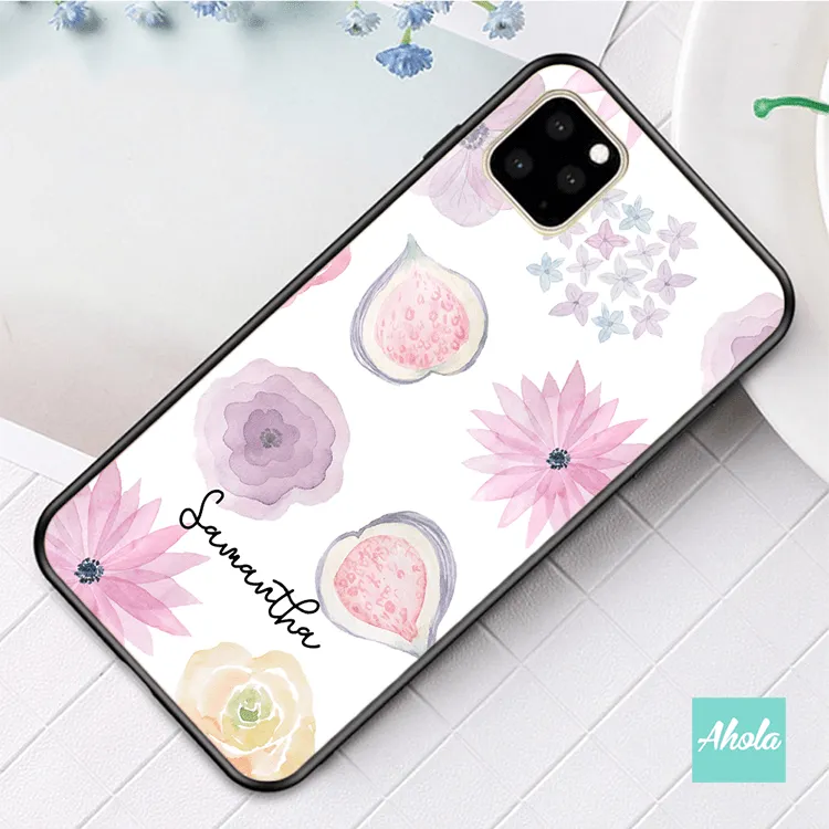 【Pansy Floral】Black bumper tempered glass phone Case 紫色花卉全包邊玻璃名字電話殼