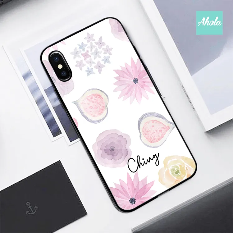 【Pansy Floral】Black bumper tempered glass phone Case 紫色花卉全包邊玻璃名字電話殼