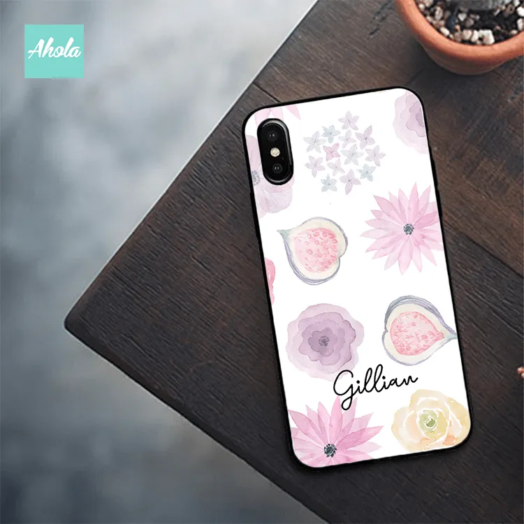 【Pansy Floral】Black bumper tempered glass phone Case 紫色花卉全包邊玻璃名字電話殼