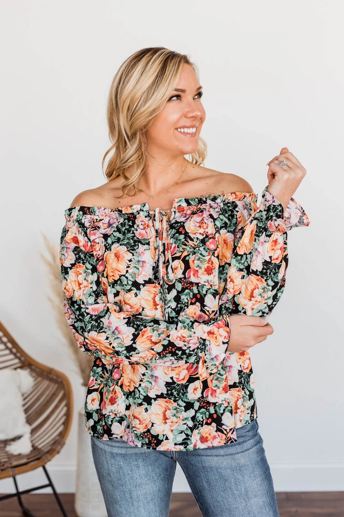 Peak My Interest Floral Off The Shoulder Top- Black