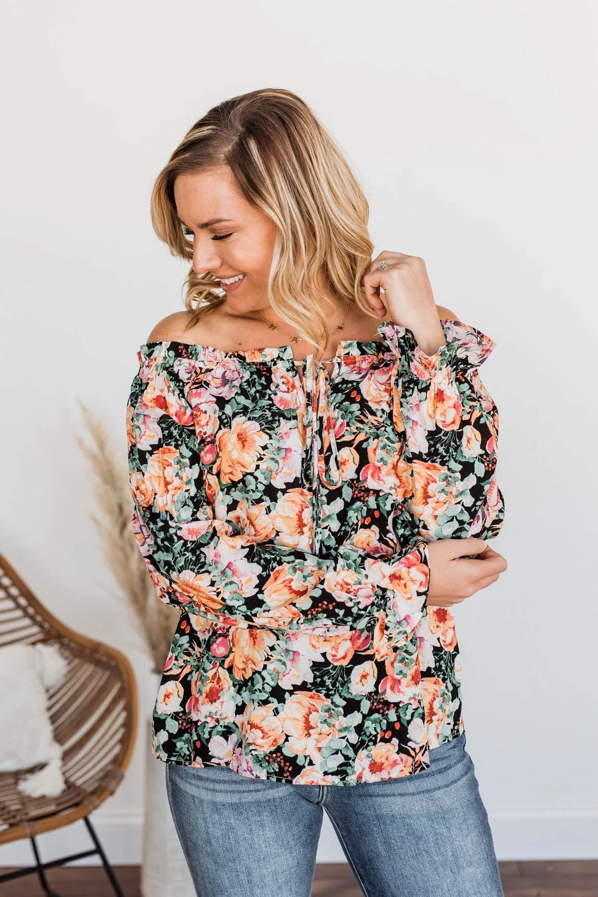 Peak My Interest Floral Off The Shoulder Top- Black