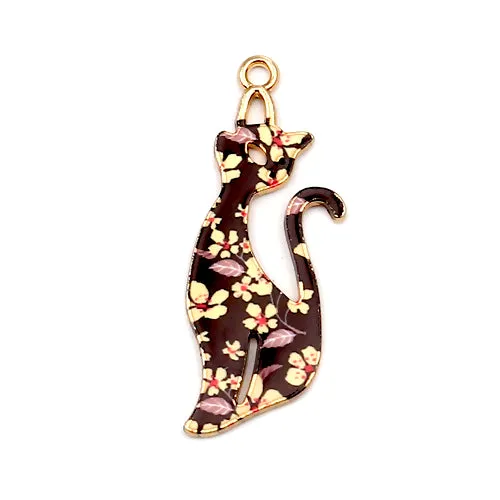 Pendants, Cat, Single-Sided, Enameled, Black, Floral Pattern, Gold Plated, Alloy, 37mm