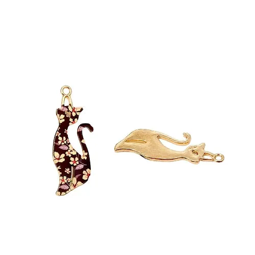 Pendants, Cat, Single-Sided, Enameled, Black, Floral Pattern, Gold Plated, Alloy, 37mm