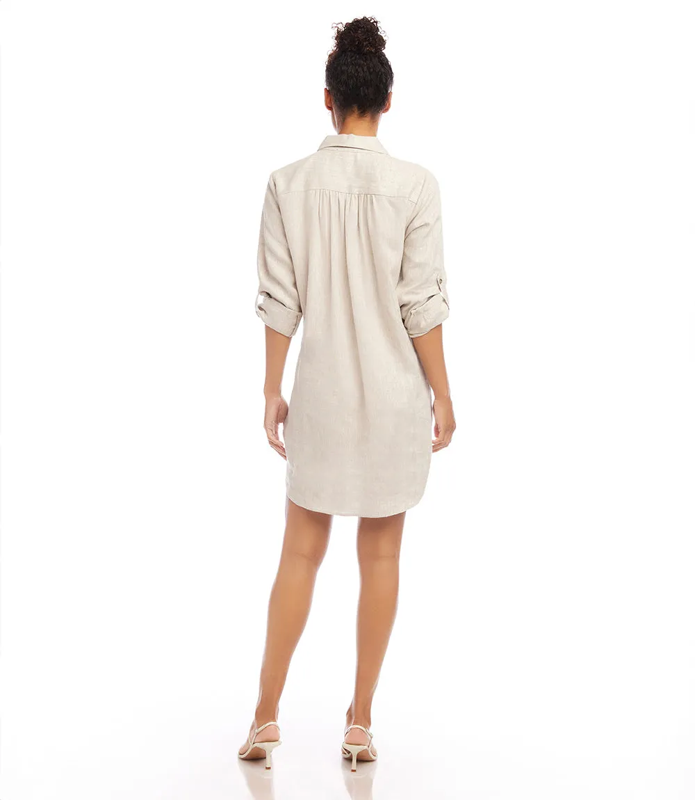 Petite Size Roll Tab Sleeve Linen Shirtdress