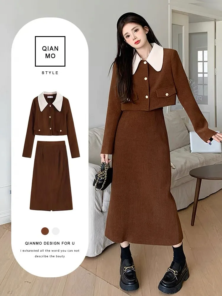 Plus size French retro corduroy small fragrance suit for women in autumn doll collar coat and skirt two-piece set